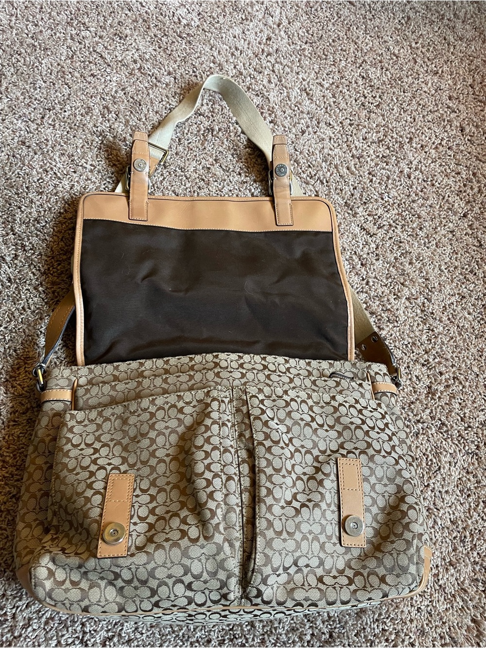 Coach Canvas Messenger Bag in Khaki and Tan with Stripe Detail - Picture 12 of 13